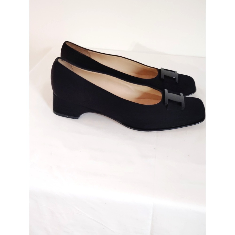 Salvatore Ferragamo Black Fabric Gancini Buckle Low Block Heel Pumps Women's 6.5
